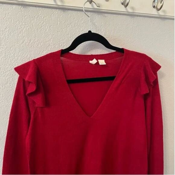 Anthropologie Moth Red Wool Ruffle V-Neck Sweater - Picture 4 of 9